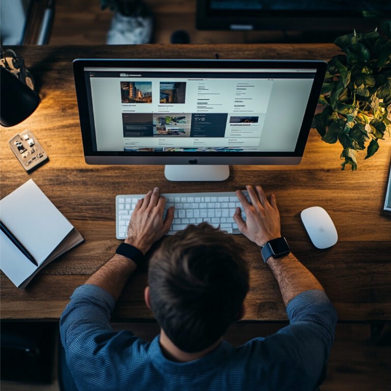 Vista cenital de una persona construyendo un sitio web en su computador