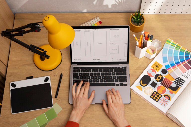 Escritorio de diseño con wireframes en el portátil, tableta gráfica y paleta de color
